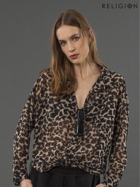 Religion Black Oversized Long Line Flash Shirt with Tassle details in Leopard Animal print (AW8454) | €77