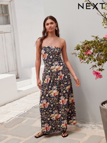 Black Floral Print Drop Waist Bandeau Maxi Length Jersey Dress (AW8498) | 919 UAH