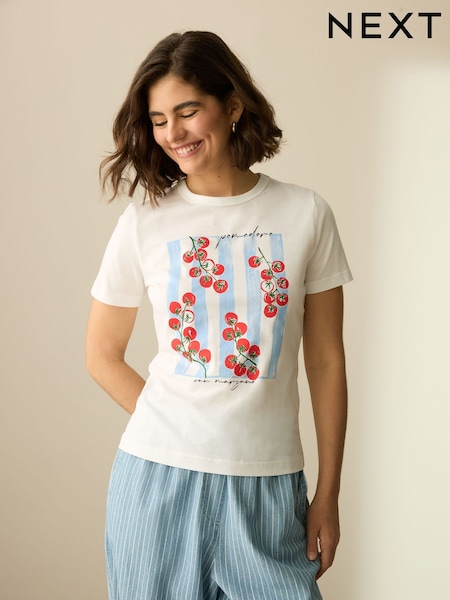Graphic Tomato Print White Essential Pure Cotton Short Sleeve Crew Neck T-Shirt (AW8504) | $12