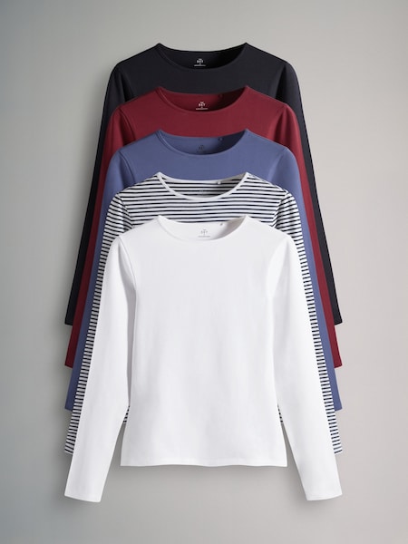 The Set Navy/Washed Blue/Red/White/Stripes 5 Pack Fitted Long Sleeve Crew Neck T-Shirts (AW8601) | €34