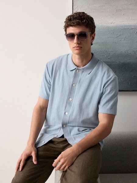 Light Blue Cuban Collar Textured Jersey Short Sleeve Shirt (AW8657) | 158 QAR