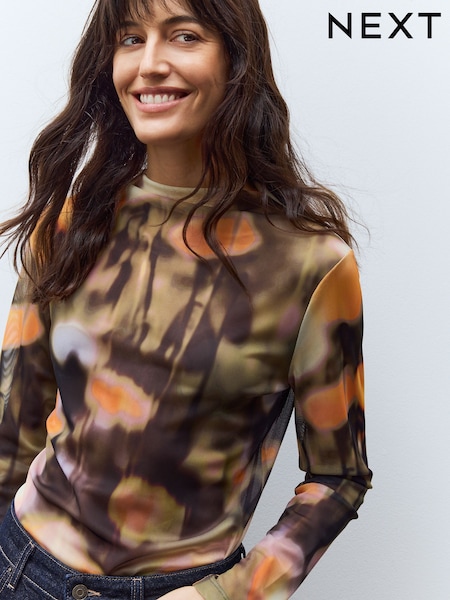 Orange Floral High Neck Long Sleeve Mesh Top (AW8674) | €26