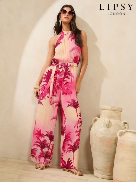 Lipsy Pink Palm Petite Printed Halter Neck Sleeveless Jumpsuit (AW8720) | 218 QAR