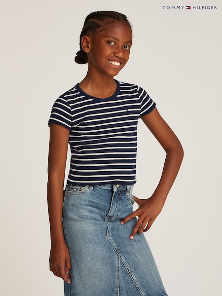 Alb - Tommy Hilfiger Striat Mânecă scurtă Knit Top (AW8849) | 134 LEI
