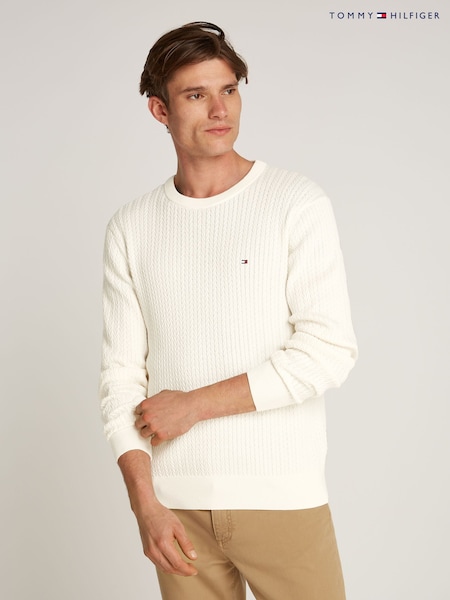 שמנת - Tommy Hilfiger 100% Cotton Herringbone Crew Neck Jumper (AW8858) | ‏553‏₪