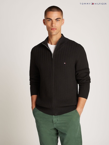 שחור - Tommy Hilfiger Herringbone 100% Cotton Zip Jumper (AW8864) | ‏704‏₪