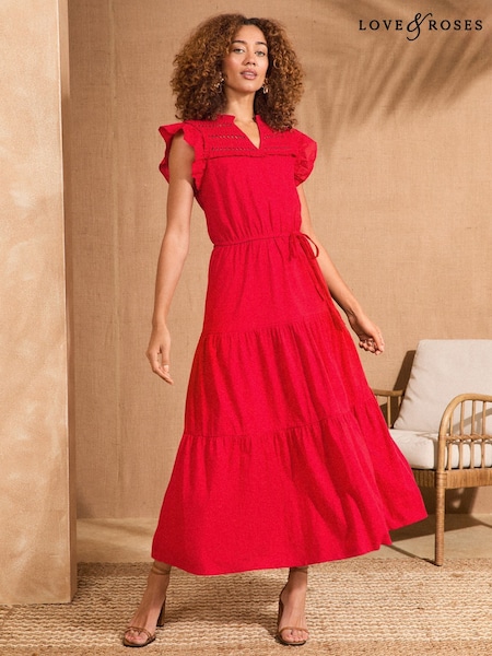 Roșu - Love & Roses Flutter Sleeve Tired 100% Cotton Midi Dress (AW8877) | 328 LEI
