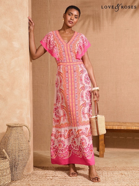 Love & Roses Woodblock Printed V-Neck Flutter Sleeve Maxi Dress With Linen (AW8879) | 506 LEI