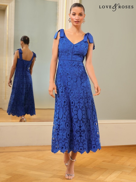 Love & Roses Cobalt Lace Tie Shoulder Midi Dress (AW8880) | €126