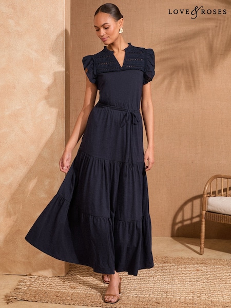 Love & Roses Navy Petite Flutter Sleeve Tired 100% Cotton Midi Dress (AW8881) | €56