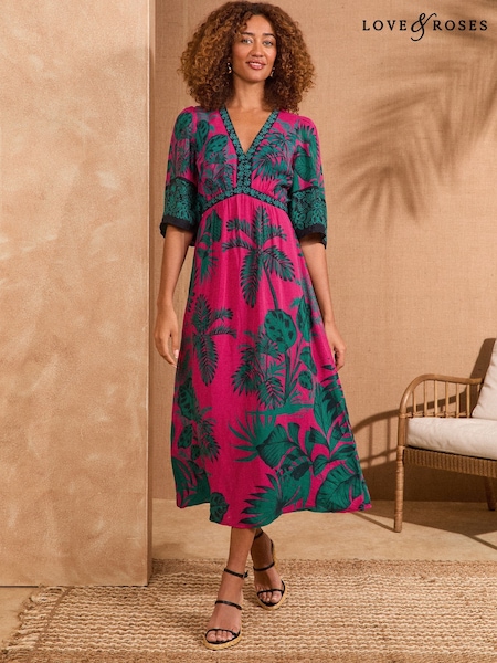 Love & Roses Pink Tropical Petite Printed V-Neck Kimono Sleeve Midi Dress (AW8883) | €83