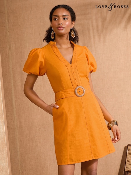 Love & Roses V-Neck Belted Puff Sleeve Mini Dress (AW8884) | 484 LEI