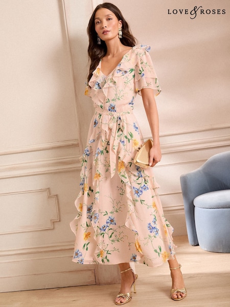 Love & Roses Ruffle V-Neck Flutter Sleeve Belted Midi Dress (AW8886) | 566 LEI