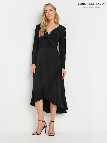 Long Tall Sally Black Long Sleeve Frill ITY Midi Dress (AW8896) | €71