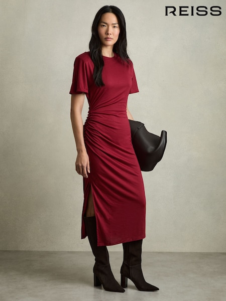 Reiss Red Tulia Modal-Blend Ruched Midi Dress (AW8926) | €241