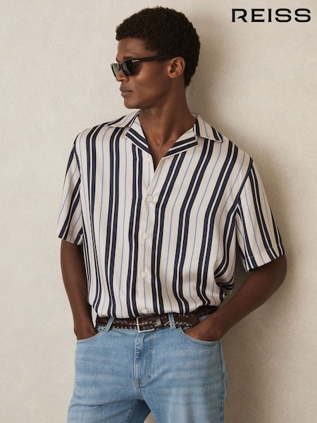 Reiss White/Navy Amos Wide-Stripe Cuban-Collar Shirt (AW8931) | €142