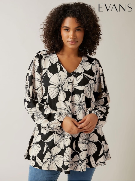 Evans Curve Contrast Floral Print Crepe Black Swing Top (AW8948) | AED227