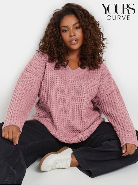Yours Curve Pink Waffle V-Neck Jumper (AW8997) | $51