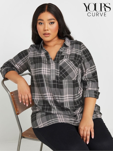 Yours Curve Grey Viscose Overhead Check Shirt (AW8999) | €36