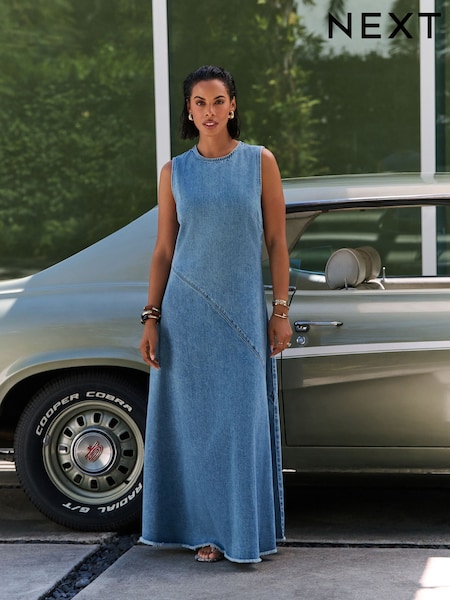 ג'ינס בצבע כחול בינוני - Sleeveless Denim Maxi Dress (AW9040) | ‏0‏₪