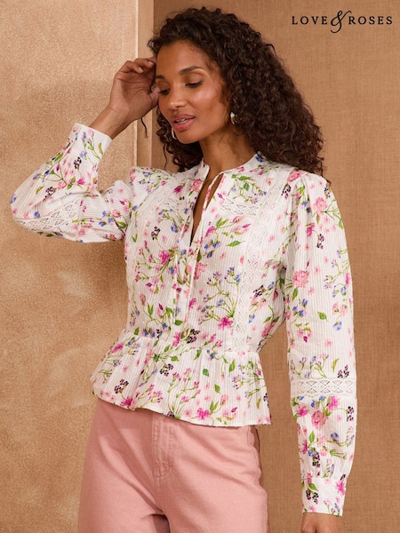 Love & Roses Pink/White Floral Petite Long Sleeve Dobby Peplum 100% Cotton Blouse (AW9075) | 2,523 UAH