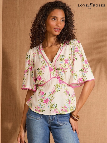 Love & Roses Floral Print Short Sleeve V-Neck Tea Top (AW9078) | €45