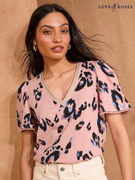 Poskipuna Vaaleanpunainen Eläinkuosi - Love & Roses 100% Cotton Embellished V-kaula-aukko T-paita (AW9083) | €41