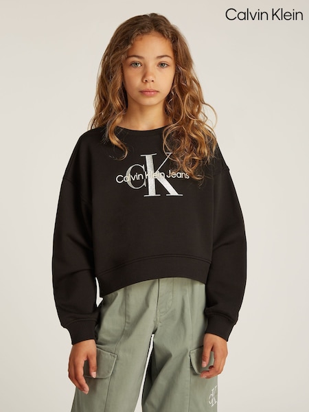 Calvin Klein Black 100% Cotton Glitter Monologo Sweatshirt (AW9109) | AED134 - AED437