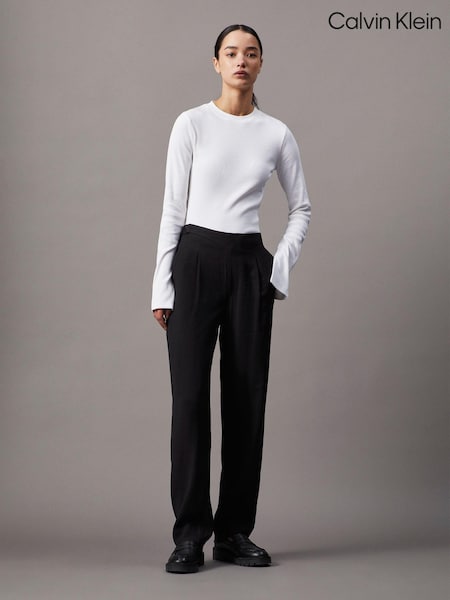 Calvin Klein White Skinny Ribbed Stretch Cotton Long Sleeve Top (AW9129) | $79