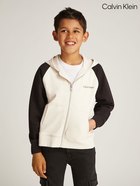 Calvin Klein Cream Relaxed 100% Cotton Colourblock Zip Hoodie (AW9136) | R$ 740 - R$ 1,285