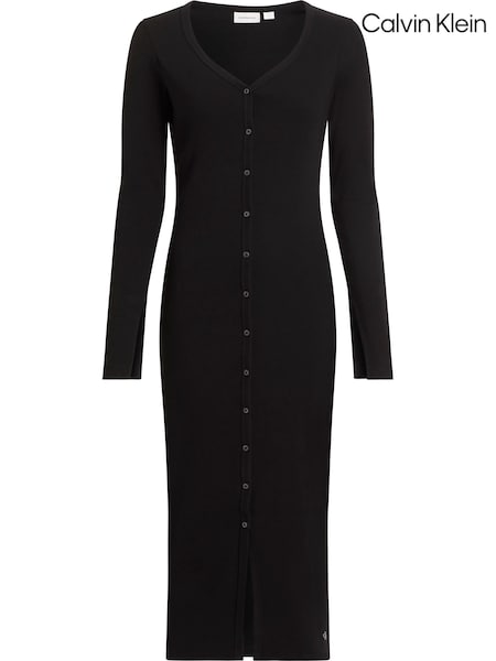 Calvin Klein Black Ribbed Stretch Cotton Long Sleeve Dress (AW9139) | €54