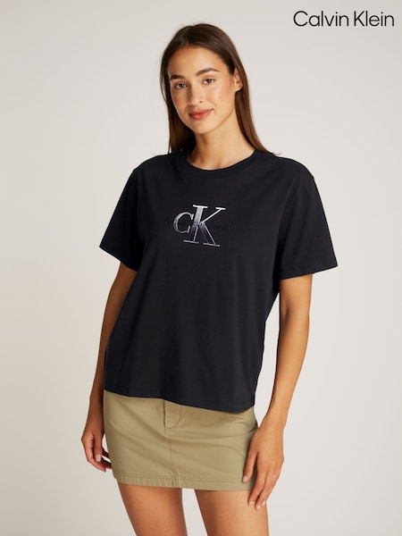 Negru - Calvin Klein 100% Bumbac Brodat Monologo Tricou (AW9154) | 335 LEI