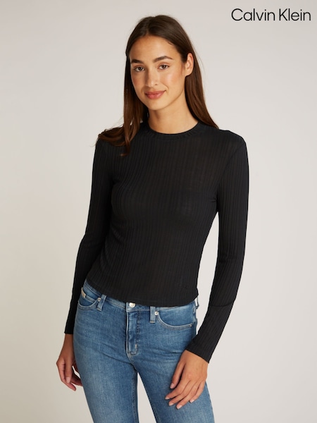 Negru - Calvin Klein Slim Semi Sheer Ribbed Mânecă lungă Top (AW9163) | 335 LEI