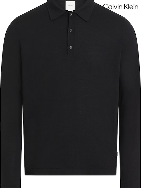 Calvin Klein Black Italian Merino Silk Long Sleeve Polo Shirt (AW9171) | €199
