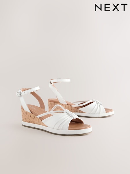 White Forever Comfort® Leather Round Toe Ruched Detail Cork Wedge Heels (AW9230) | €69.50