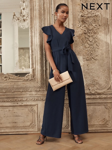 Azul marino - Occasion Flutter Sleeve Tie Waist Jumpsuit (AW9255) | 90 €