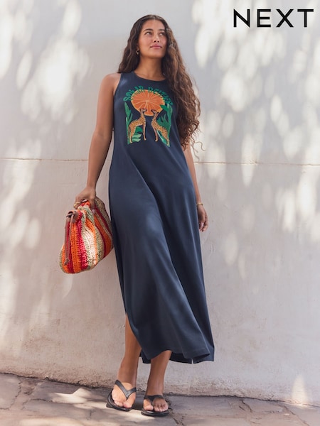 Navy Jersey Graphic Print Maxi Dress (AW9307) | €33