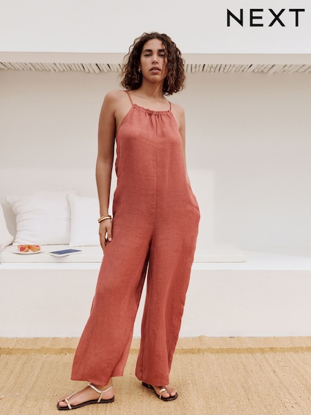Rose Pink 100% Linen Wide Leg Romper (AW9321) | € 76