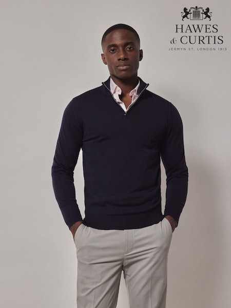 Hawes & Curtis Blue Merino 1/2 Zip Jumper (AW9426) | ‏347‏₪