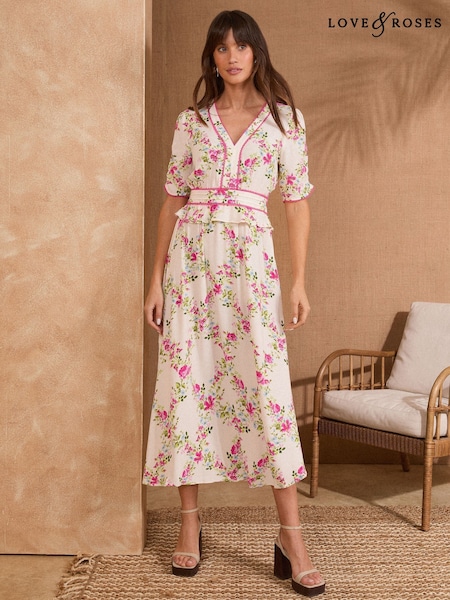 Love & Roses Ivory Floral Petite Peplum Tea Midi Dress (AW9554) | €86