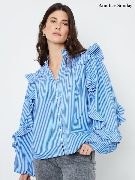 Another Sunday Blue Stripe Ruffle Button Down 100% Cotton Shirt (AW9593) | $55