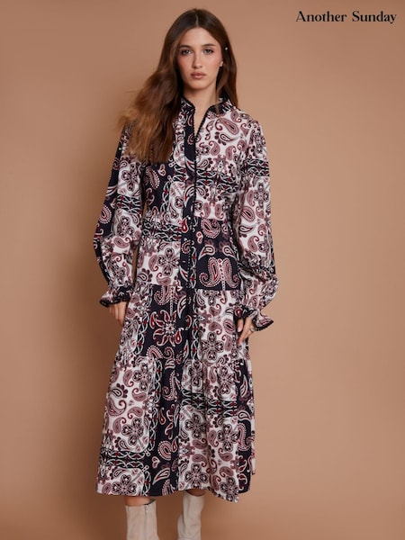 Another Sunday Paisley Print Lace Trim Button Through Ruffle Collar Tiered 100% Cotton Black Midi Dress (AW9596) | $120