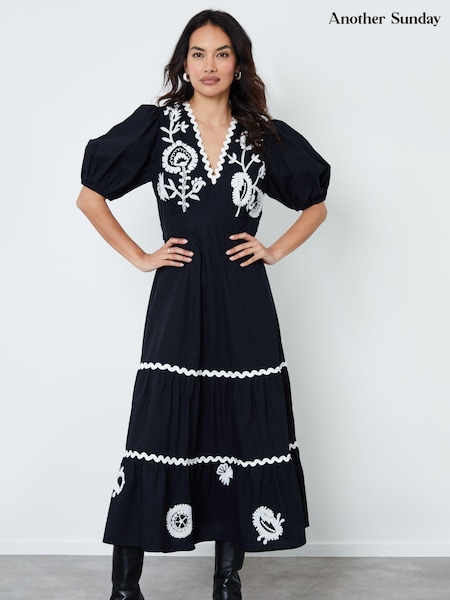 Another Sunday Black Puff Sleeve 100% Cotton Embroidered Tiered Midi Dress (AW9597) | €89