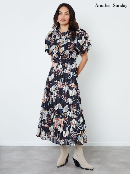 Another Sunday Black Metallic Thread Floral Ruched Front Puff Sleeve Midi Dress (AW9610) | 101 €