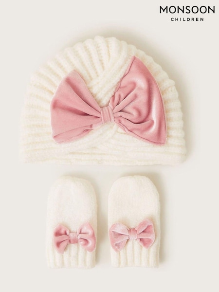 Monsoon Natural Baby Velvet Bow Knit Hat and Mittens Set (AW9616) | €25