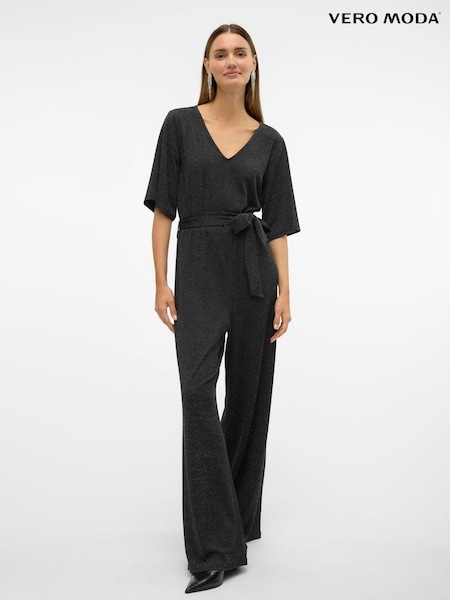 VERO MODA Black Short Sleeve Glitter Jumpsuit (AW9622) | 94 QAR