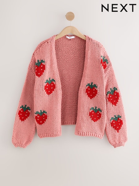 Pink Strawberry Relaxed Chunky Knit Cardigan with Cotton (AW9874) | 1,696 UAH