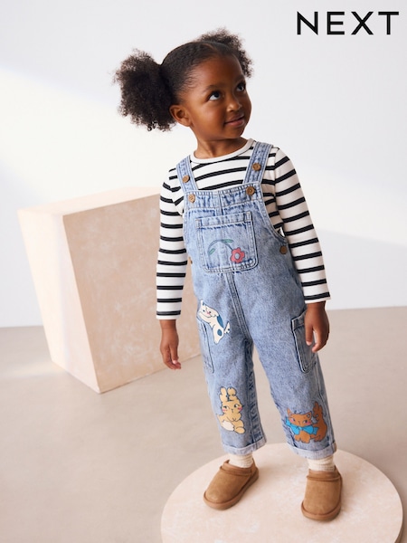 Mid Blue Denim Animal Print Dungarees and Stripe T-Shirt Set (3mths-7yrs) (AW9923) | €33 - €37