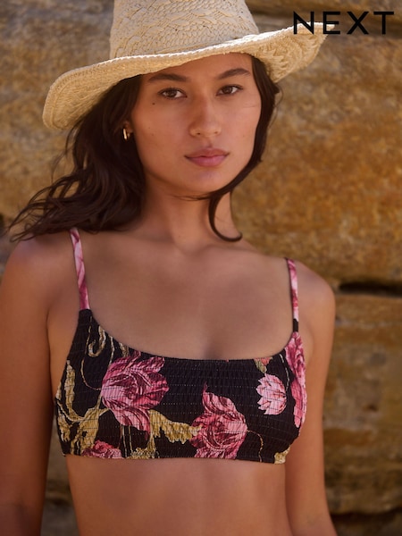 Black Floral Shirred Crop Bikini Top (AW9936) | €31.50