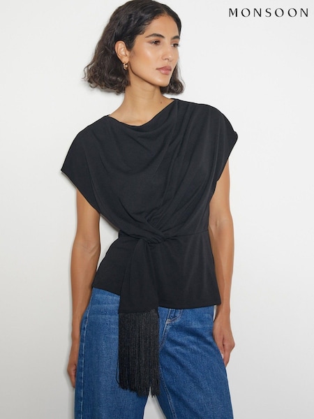 Monsoon Black Tanya Twist Tassel Jersey Top (AW9967) | 136 QAR